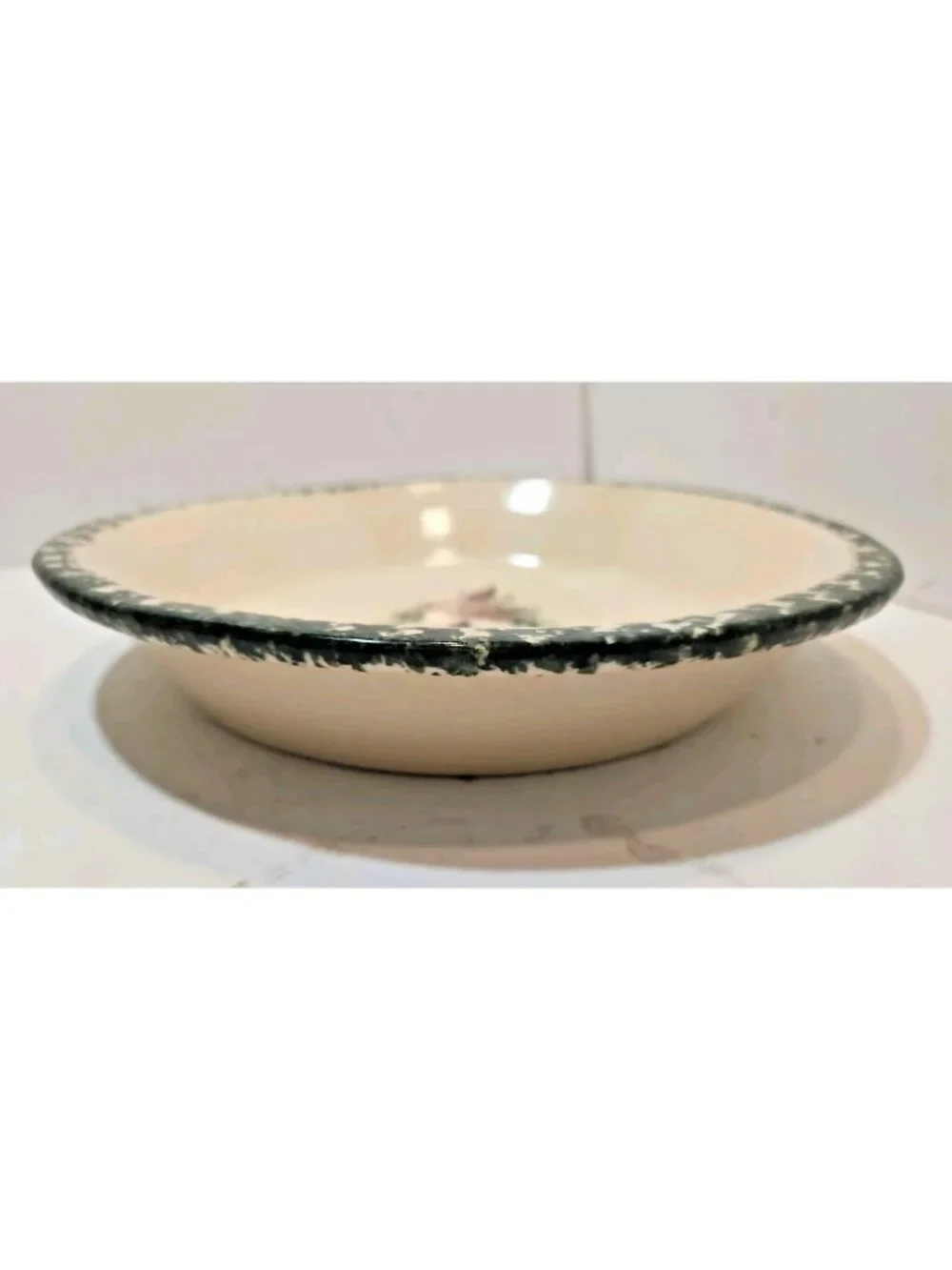 Vintage East Texas Potteries Pie Plate Sponged Border Floral Heart Pink Green